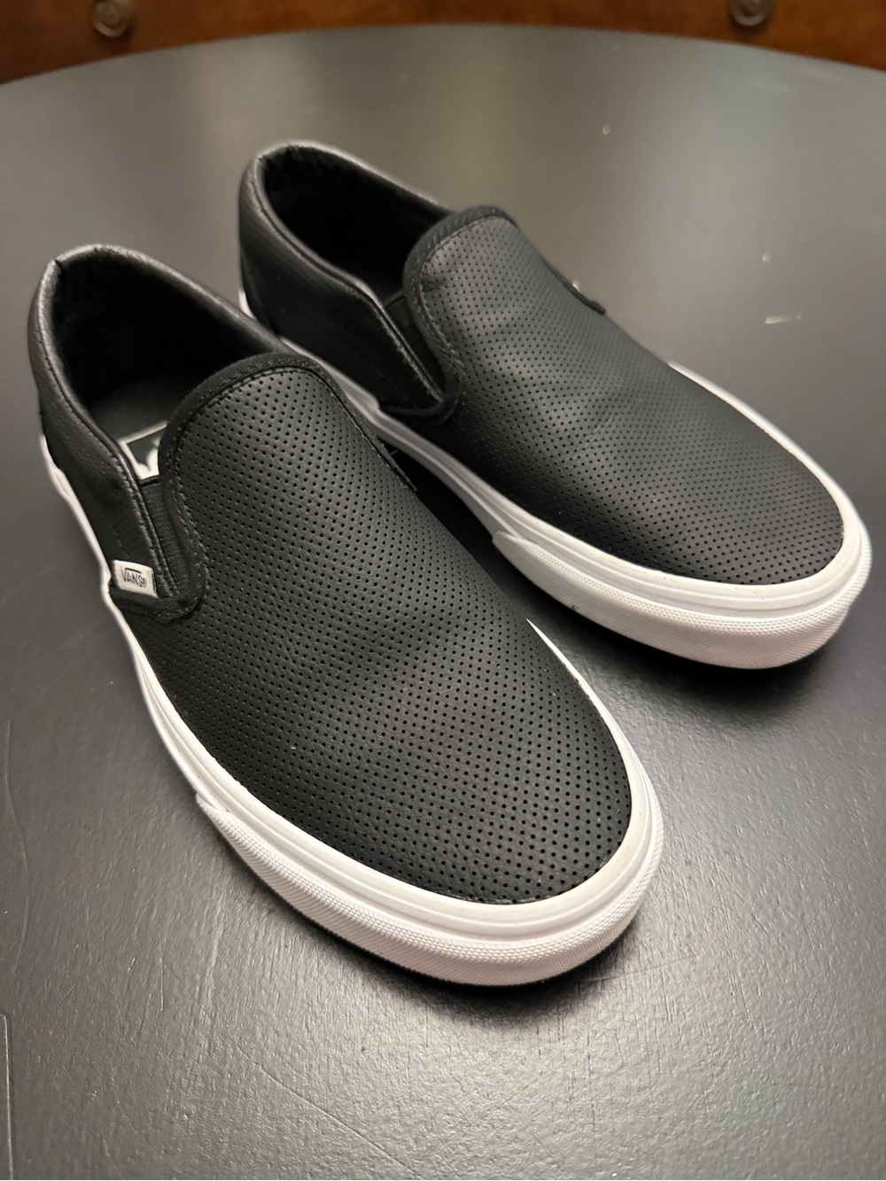VANS Black Perforated Leather Slip-On with White Sole M:7 W: 8.5